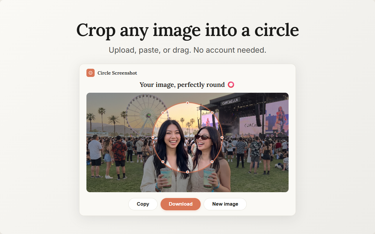 Crop any image into a circle — Circle Screenshot crop mode showing a photo being cropped into a perfect circle with transparent background, no Photoshop needed