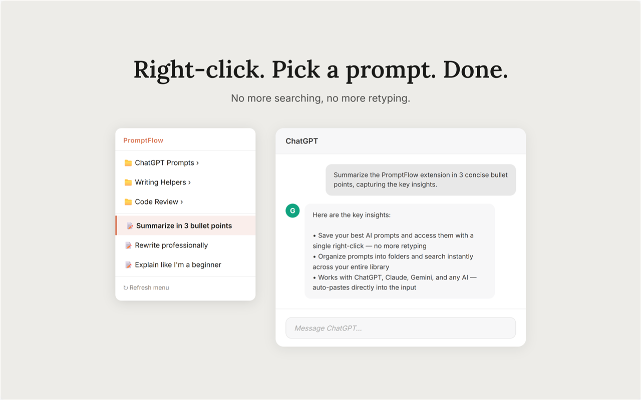PromptFlow — Right-click, pick, done. Auto-paste prompts into ChatGPT, Claude, and any AI.