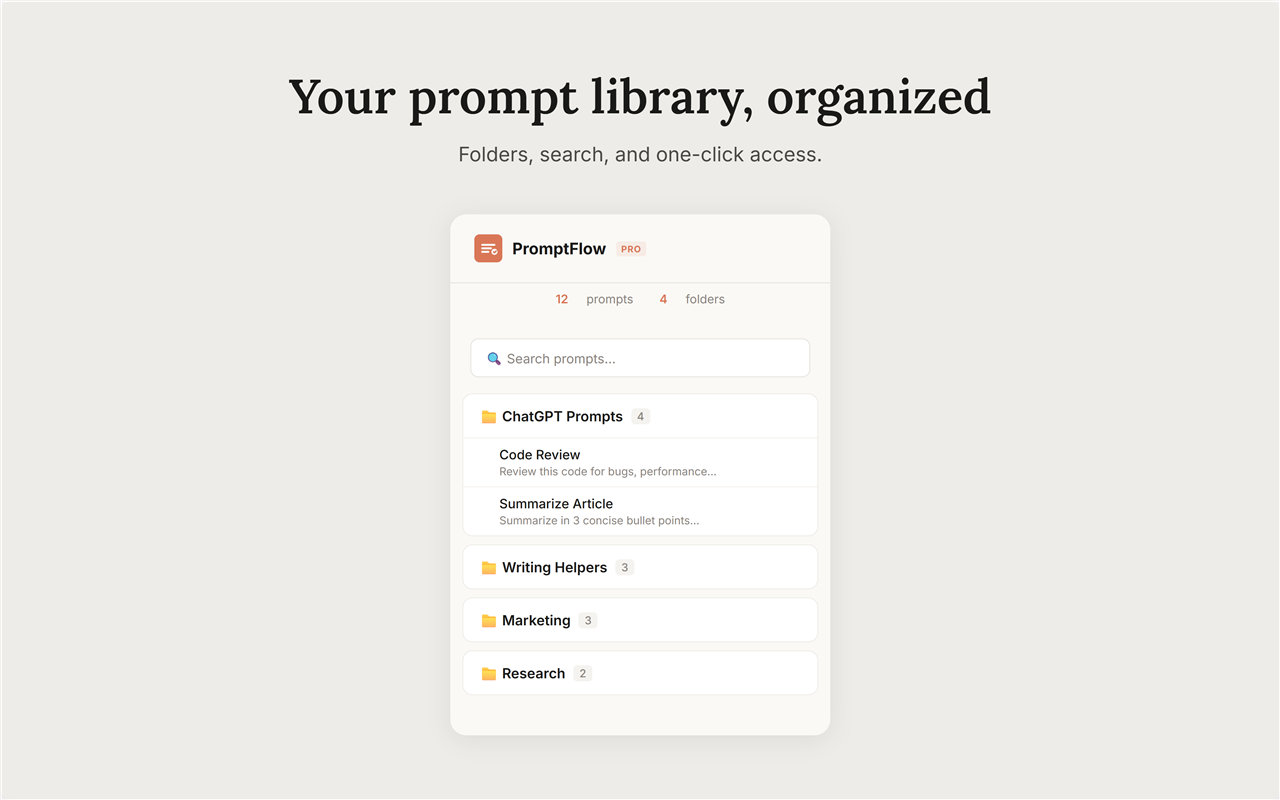 PromptFlow side panel — Your prompt library, always open alongside any tab.